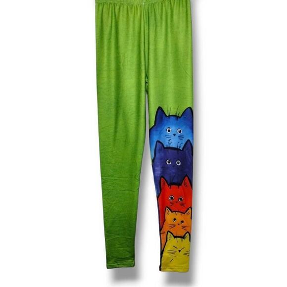 Womens Leggings Sz Small‎ Cats Design Colorful Green Stretch Exercise Activewear - Picture 2 of 14